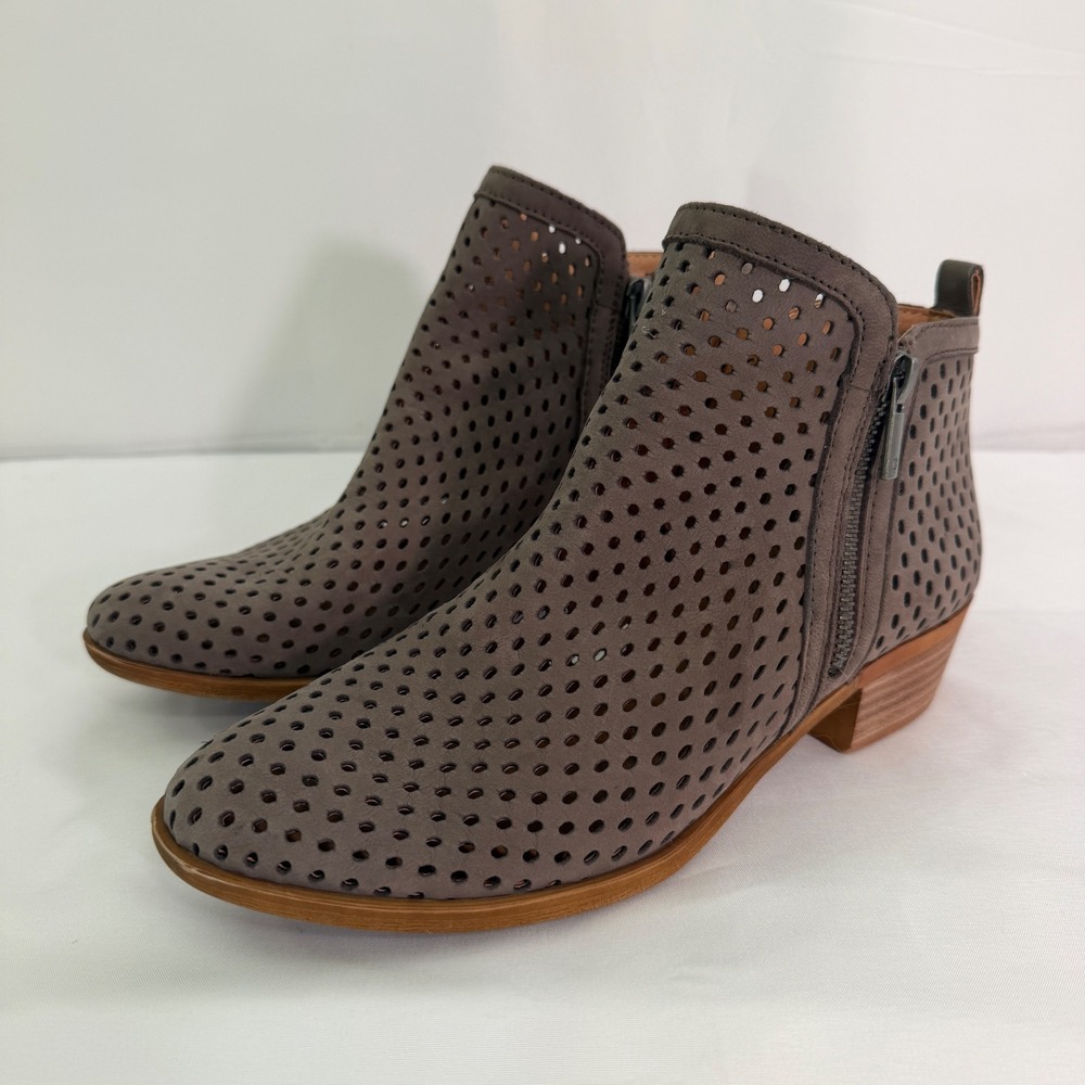 Lucky Brand Perforated Ankle Boots Taupe Gray Laser Cut Booties Size 8M